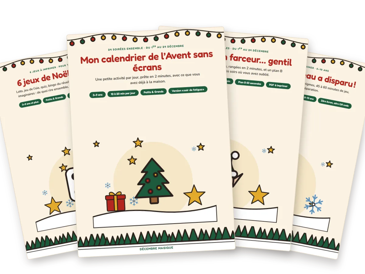 Les quatre kits Décembre Magique : calendrier de l’Avent, lutin farceur, jeux de Noël et escape game