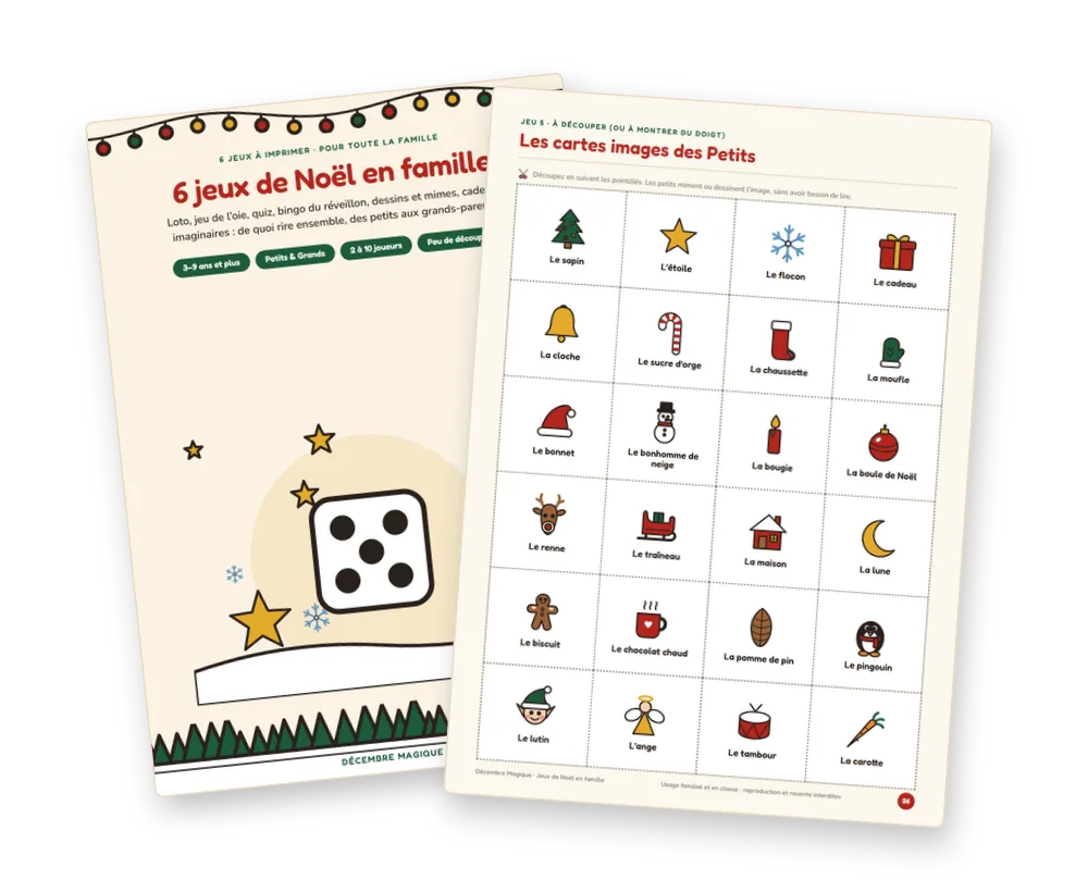 Les jeux de Noël en famille et leurs cartes illustrées